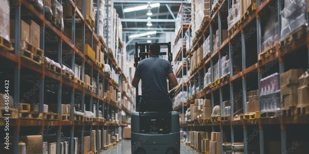 Poster smart warehouse worker or operator driving forklift and lifted product surrounded with box at storag