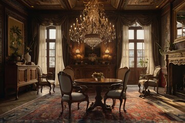 Fototapeta premium Vintage home design interior antique wooden furniture, ornate decorations, and grand fireplace, patterned wallpaper, Persian rugs, and chandeliers, creating a warm and nostalgic atmosphere