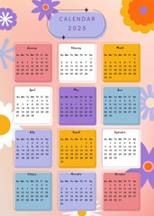 2025 table monthly calendar week start on Sunday with flower that use for vertical digital and printable A4 A5 size