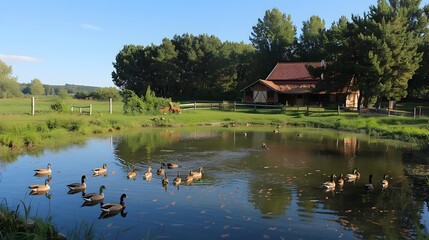 Fototapeta premium Idyllic French Farm with Ducks and Geese in Tranquil Pond Landscape