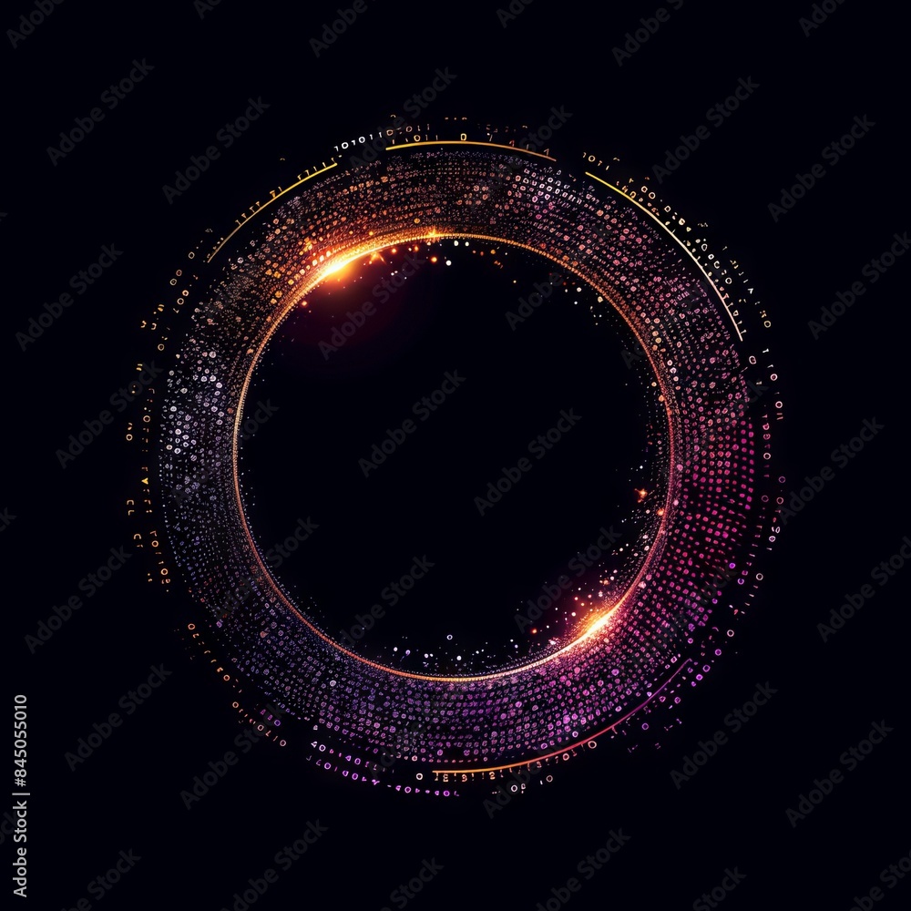 Wall mural an abstract technology circle with computer code in vibrant purple and blue on a black background.
