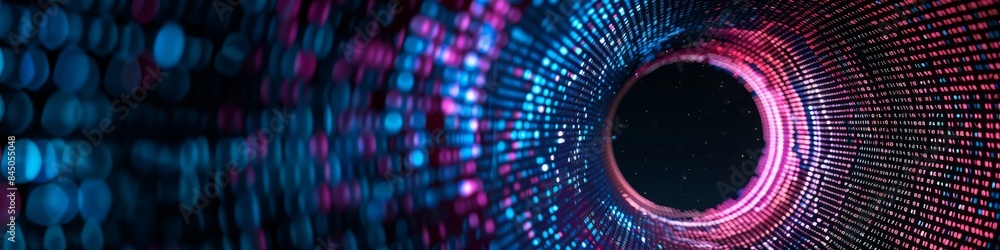 Wall mural an abstract technology circle with computer code in vibrant purple and blue on a black background.