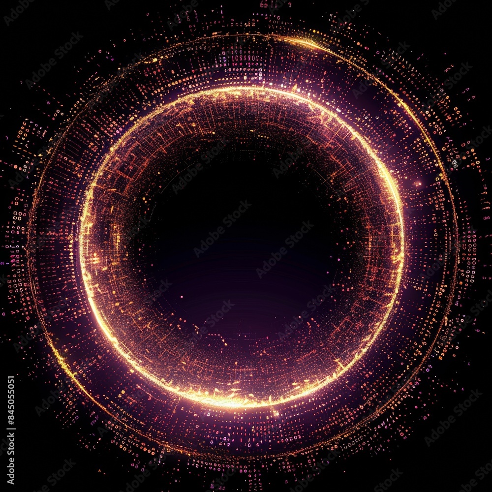 Wall mural an abstract technology circle with computer code in vibrant purple and blue on a black background.
