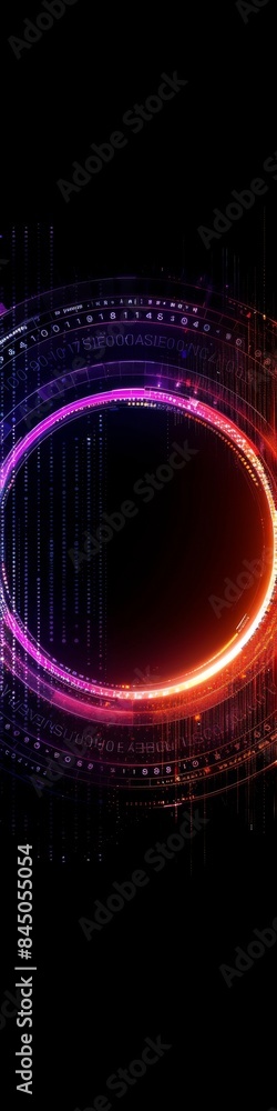 Wall mural an abstract technology circle with computer code in vibrant purple and blue on a black background.
