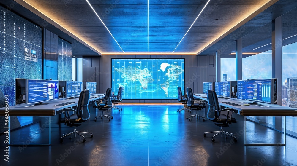 Poster in an office building, a row of computer monitors sits on a desk, creating a symmetrical display. th