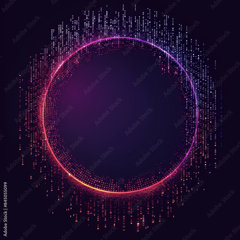 Wall mural an abstract technology circle with computer code in vibrant purple and blue on a black background.
