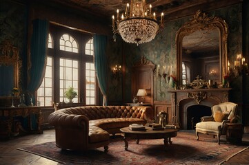 Fototapeta premium Vintage home design interior antique wooden furniture, ornate decorations, and grand fireplace, patterned wallpaper, Persian rugs, and chandeliers, creating a warm and nostalgic atmosphere