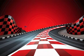 A red checkered race track with a checkered flag pole