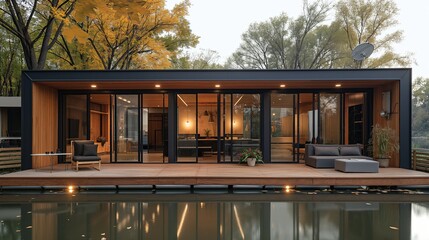 Fototapeta premium Serene Blue Container Homes by the Lake