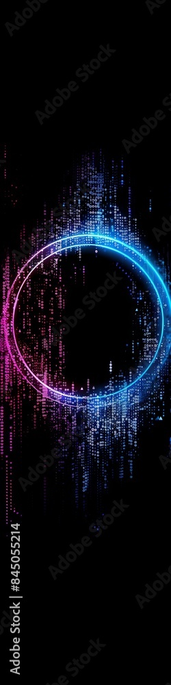 Wall mural an abstract technology circle with computer code in vibrant purple and blue on a black background.