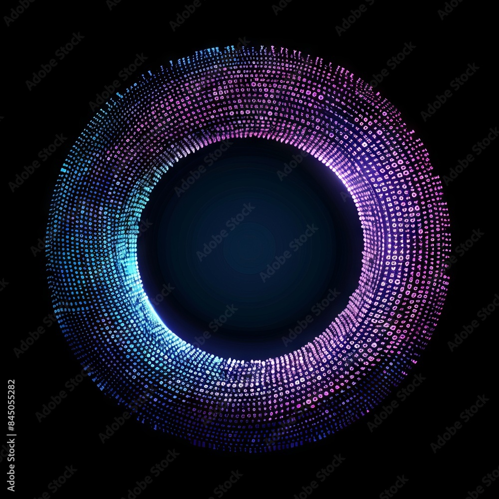 Canvas Prints an abstract technology circle with computer code in vibrant purple and blue on a black background.