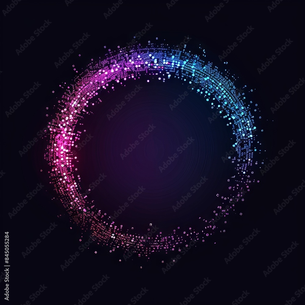 Wall mural an abstract technology circle with computer code in vibrant purple and blue on a black background.