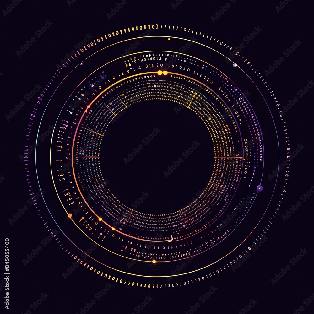 Wall mural an abstract technology circle with computer code in vibrant purple and blue on a black background.