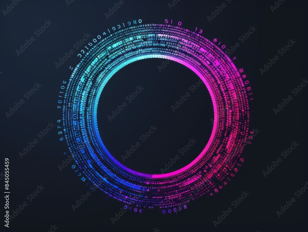 Wall mural an abstract technology circle with computer code in vibrant purple and blue on a black background.