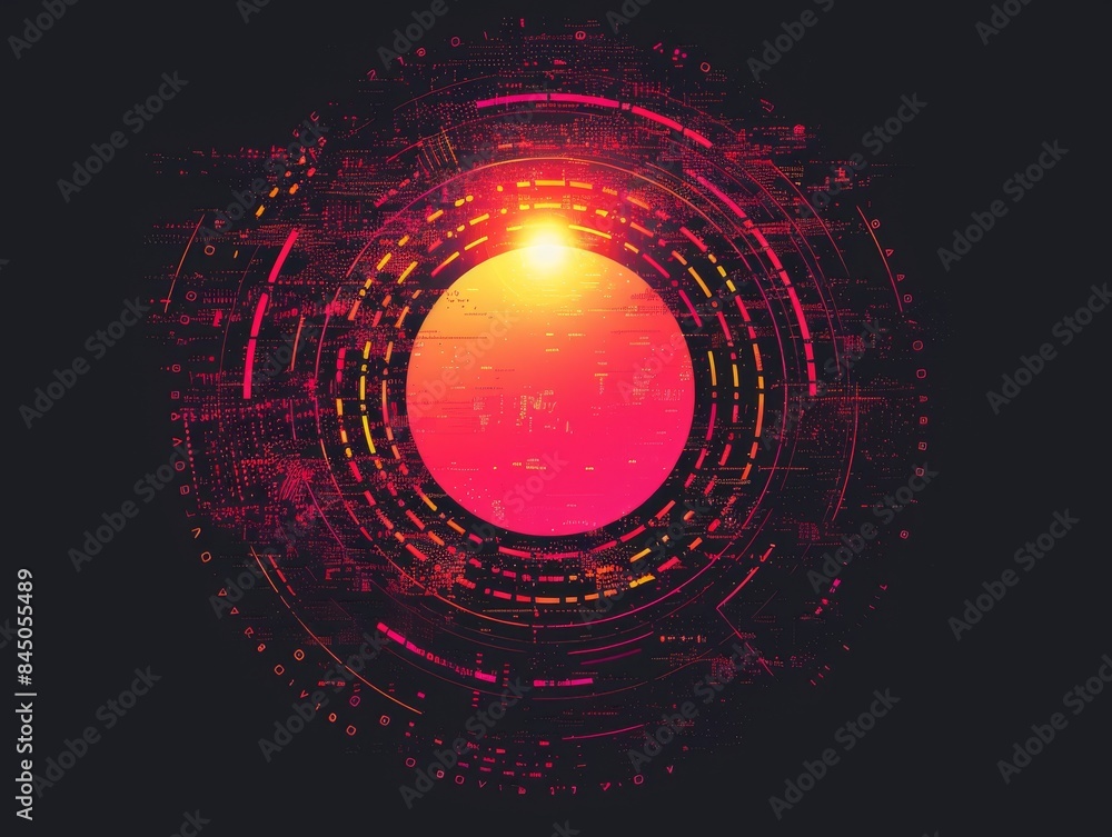 Wall mural an abstract technology circle with computer code in vibrant purple and blue on a black background.