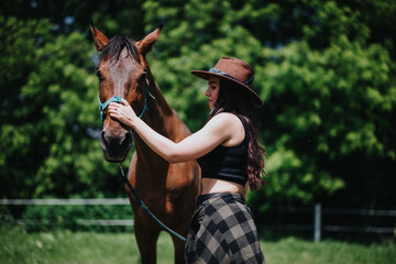 Woman spending quality time with her horse at the ranch, showcasing friendship and love amidst...