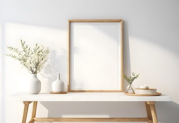 Mock up frame in home interior background, white wall with wooden table and decor