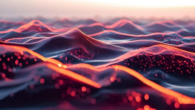 A digital painting of a mountain landscape with a glowing pink and blue color scheme.