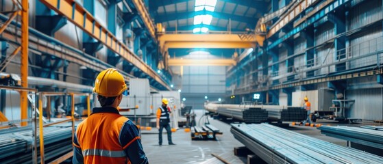 Interior view of a modern steel fabrication plant, orderly and well-lit with workers in safety gear