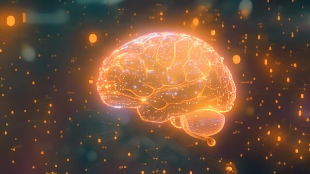 A glowing orange brain made of tiny dots with blue and green light trails on a dark blue background.