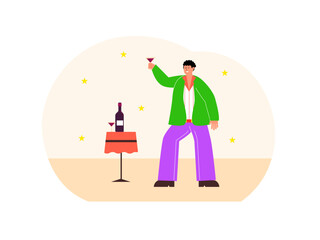 Man is drinking. 80's vector illustration