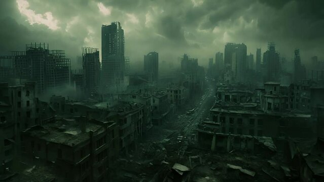 A post-apocalyptic city with destroyed buildings and a gloomy atmosphere
