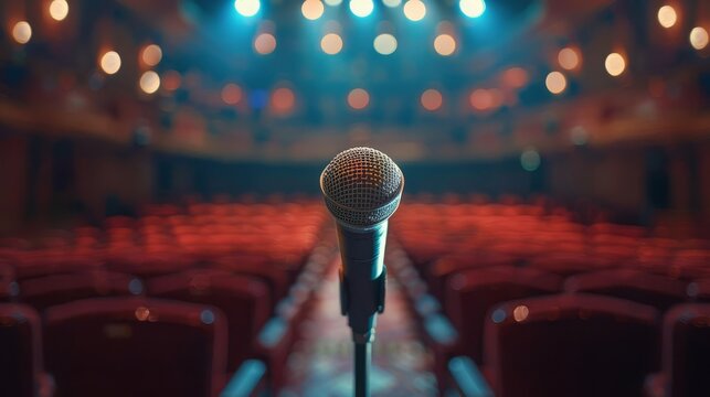 Close-up view of a microphone on stage with empty theater seats in the background, illuminated by soft spotlights and stage lights.
