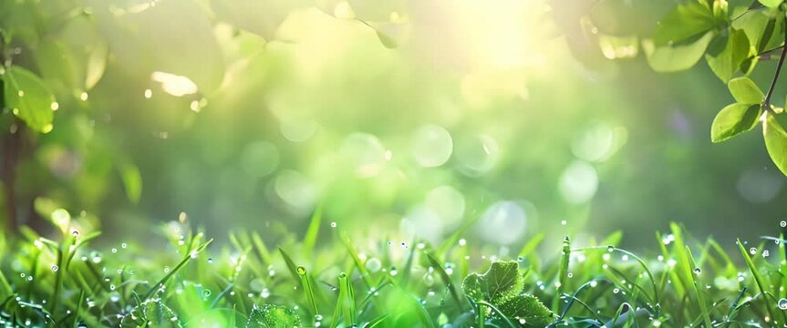 Spring summer background with a frame of grass and leaves on nature. Juicy lush green grass on meadow with drops of water dew sparkle in morning light outdoors close-up