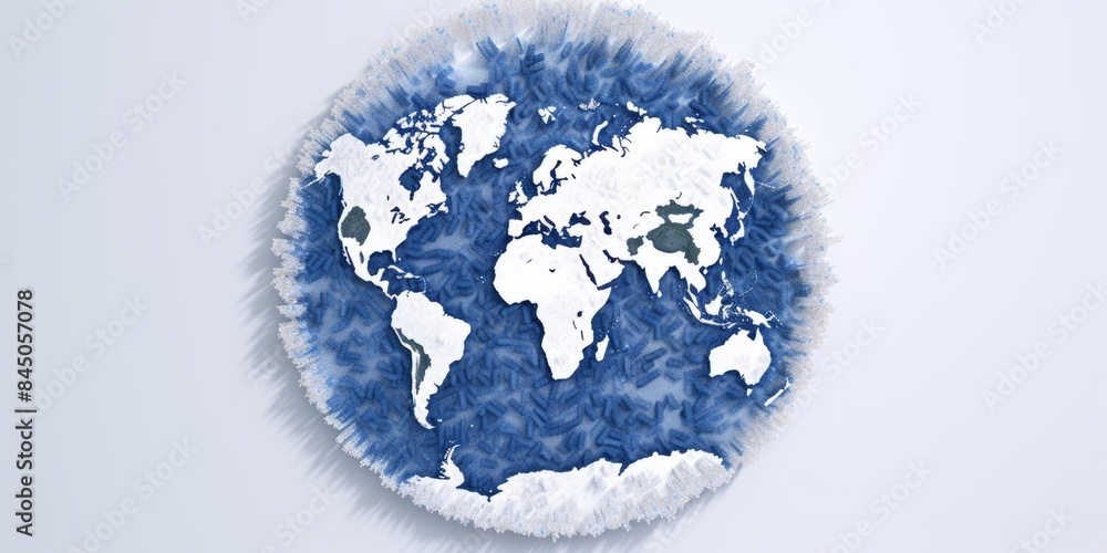 Poster image of stylized world map in blue with a 3d effect on a white background. concept of global connec