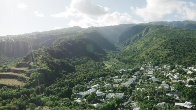 Aerial shot of Grand Bassin with Saint denis city in foreground in Reunion Island, France on a sunny day.