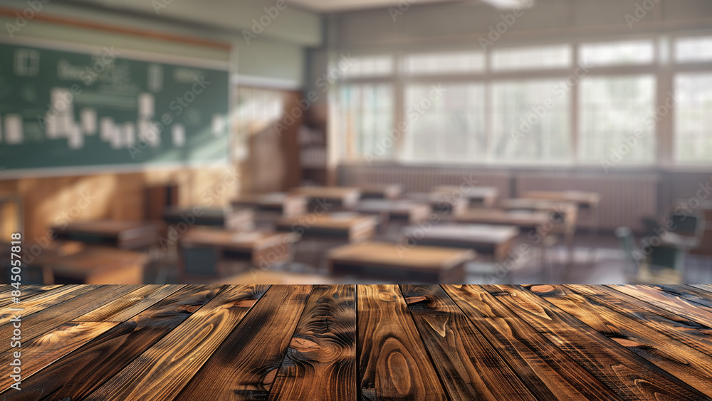 Poster empty wood table top with blur background of classroom in school. the table giving copy space for pl