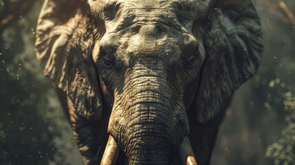 Close-Up of an Elephant in the Wild - A detailed close-up of an elephant's face, capturing its wrinkled skin, tusks, and intense eyes.