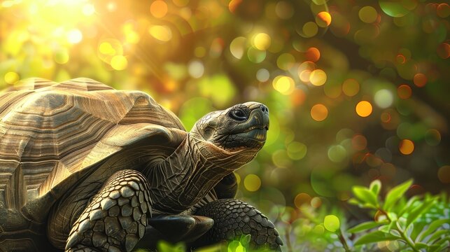 Giant Tortoise in Sunlit Green Garden - A close-up of a large tortoise in a lush garden bathed in warm sunlight, highlighting its textured shell and curious gaze.