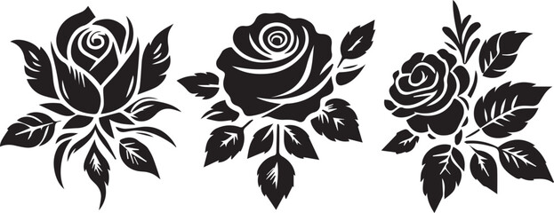 Black silhouette rose Floral Design with Detailed Leaves and Petals, Perfect for Tattoos, Greeting Cards, and Decorative Artwork