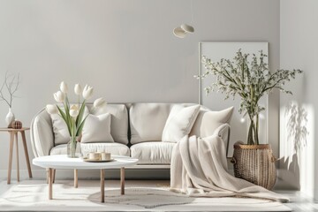 A living room with a white couch, a coffee table, and a potted plant