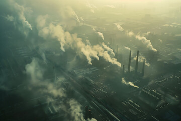 Fototapeta premium Aerial view film photography capturing the impact of urban pollution with factories and smog laden cityscapes.