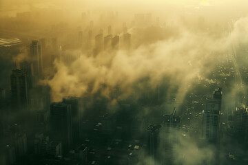 Fototapeta premium Film photography from aerial perspective showcasing urban pollution, factories, and smog filled cityscapes.