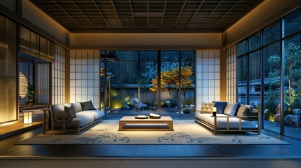 Calming Essence of a Japanese Zen-Style Living Room Under the Soft Glow of Evening