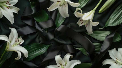 Obraz premium Lily Flowers and Black Ribbon Arranged in a Flat Lay Symbolizing a Funeral