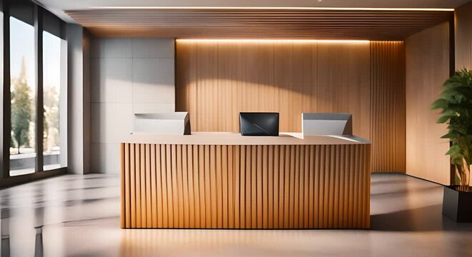Reception desk in modern office lobby with light wooden wall elements
