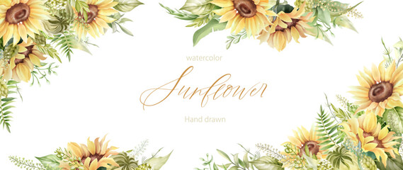 ひまわり, 向日葵, 水彩, 花, 夏, 植物, ベクター, 背景, フレーム, イラスト