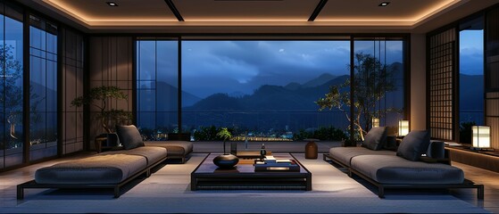 Fototapeta premium Calming Essence of a Japanese Zen-Style Living Room Under the Soft Glow of Evening