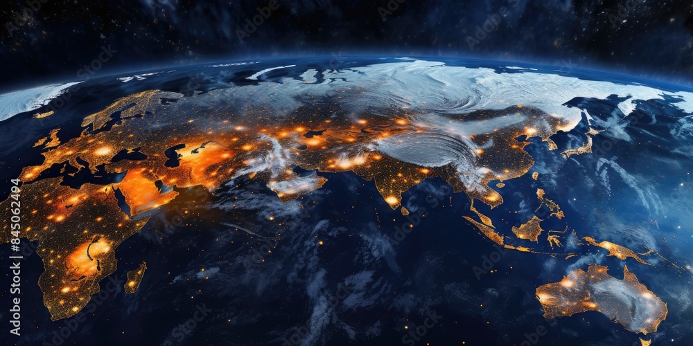 Poster 3d image of a textured earth with golden light patterns. an image of digital art of globe with glowi