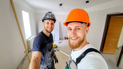 Labor Day, Young Men In Hard Hats Take Selfies On A Smartphone During Repairs. Smiling builders