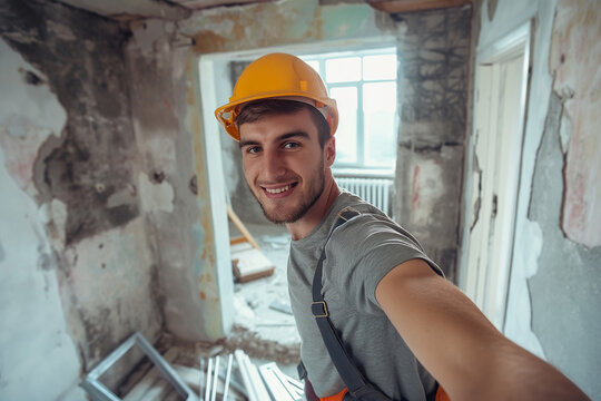 Labor Day, Young Men In Hard Hats Take Selfies On A Smartphone During Repairs. Smiling builders