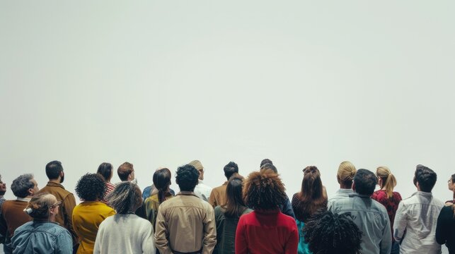 A large crowd of people of all ages and races are looking up at a blank white wall. The people are wearing a variety of clothing, from casual to formal. The background is a light grey. AIG535