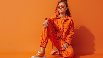 Fototapeta premium Vibrant Urban Fashion: Trendy Woman Posing in Orange Outfit Against Matching Background