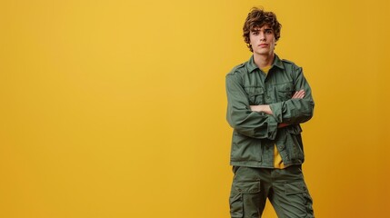 Fototapeta premium Casual Young Man in Green Jacket Against Yellow Background with Confident Pose