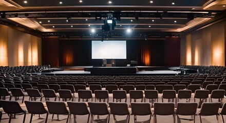 Conference stage with big screen and podium under spotlights