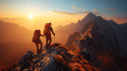 Fototapeta premium Climbers Supporting Each Other to Reach Mountain Summit at Sunrise